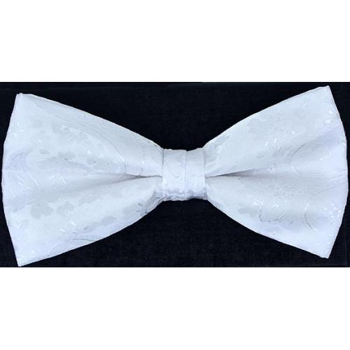 Classico Italiano White Paisley Design 100% Silk Bow Tie / Hanky Set
